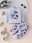 2PCS Baby's Cartoon Colorful Dinosaur Print Sweatshirt & Casual Pants Toddler & Infant Boy's Clothing Set