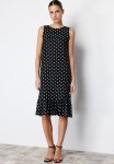 Polka Dot Skirt Ruffled Ribbed Stretchy Knitted Midi Dress - Black