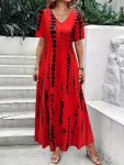 Allover Print V Neck Loose Maxi Dress Casual Short Sleeve Dress For Spring & Summer Women's Clothing