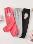 Girls 3PCS SET Casual & Comfy Cartoon Unicorn rainbow Graphic Print Sweatpants Jogger Pants For Spring & Fall