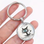 Alloy Round Keychain With Whimsical Line Cat Design & "i'm Fine Everything Is Fine" Phrase Alphabet & Animal Themed Ladies Key R