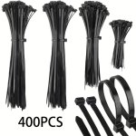 400PCS Self-locking Nylon Cable Ties 10.16 15.24 20.32 Cm Black Zip Ties 13.61 Kg Strength Uv Resistant Plastic Zip Ties