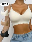 3PCS Solid Seamless Scallop Trim Wireless Cami Bra Sexy Comfy Push Up Bra Women's Lingerie & Underwear