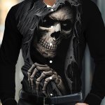 Men’s Black Long Shirt With Dark Skull And Bone Hand Pattern