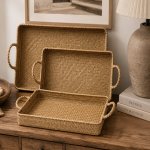 Woven Serving Tray With Handles Set Of 3 Natural