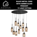 Black Metal Cord With Amber Glass Pendant 11 Light Fitting