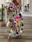 Floral Print V Neck Loose Dress Vacation Short Sleeve Dress For Spring & Summer Women's Clothing