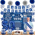 Crenics Blue 50TH Birthday Decorations For Men Women - Back In 1976 Backdrop Banner Swirls Centerpieces Sash Paper Pom Poms Cake