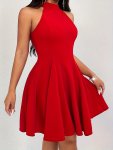 Solid Halter Neck Waist Swing Dress Elegant Sleeveless Slim Dress Women's Clothing