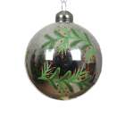 Glass Bauble 8CM With Leaves & Berries - Silver Shiny