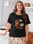 Women's Plus Casual Sleep Top Plus Size Coffee & Cake Print Short Sleeve Round Neck Lounge T-Shirt Without Pants