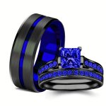 Romantic Alloy Couple Rings Set - Synthetic Square-cut Blue Stone With Rhinestone Accents Unisex Single Ring For Engagement And