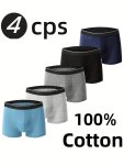 4-PACK Men's Boxer Briefs 100% Cotton Solid Color Knit Fabric Underwear Breathable Soft Stretch Comfort Fit For All Seasons Elas