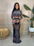 Party Rhinestone Two-piece Set Bodycon Crop Top & High Waist Floor Length Skirt Women's Clothing