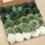 25PCS Forest Green Gradient Artificial Roses Set - Realistic Diy Bouquet With Grass Green Stems For Bridal & Home Decor Perfect Gift Idea