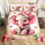 Pink Elephant Bedding Set Butterfly Flowers Comforter Cover Set For Teens Women Room Decor Cute Elephant Duvet Cover Breathable