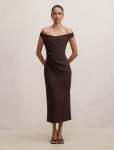 Zaria Petite Off Shoulder Draped Midi Dress - 16 Chocolate