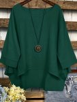 Solid Color Crew Neck Simple Blouse Vintage 3 4 Sleeve Loose Blouse For Spring & Fall Women's Clothing