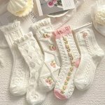 5 Pairs Floral Pattern Socks Sweet & Comfy Ruffle Mid Tube Socks Women's Stockings & Hosiery