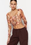 Back Transparent Printed Lined Crop Knitted Blouse - Orange