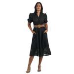 Embroidered Belted Dress - Black Free