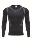 Men's Stylish Geometric Pattern Compression Shirt Active Breathable High Stretch Crew Neck Top For Hiking Jogging Cycling Outdoo