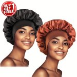 2PCS SET Solid Color Satin Bonnet Classic Elastic Sleeping Night Cap Soft Bath Shower Cap Imitation Silk Elastic Hair Bonnets Fo
