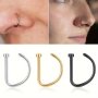 Punk Style D-shape Fake Nose Rings Non-piercing Clip-on Nose Hoop Unisex Body Faux Jewelry In Silvery Golden And Black Color