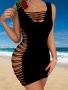 Hollow Out Plain Black Color Semi Sheer Bodycon Sexy Cover Up Dress Women's Swimwear & Clothing