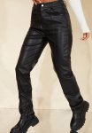 Black Faux Leather Button Straight Leg Trousers - Black