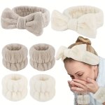 3PC Soft Plush Headband And Waistband Set For Yoga Sports And Makeup - Solid Color Cute And Comfortable