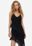 Flounced Satin Slip Dress - Black