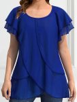 Plain Color Crew Neck Blouse Casual Layered Ruffle Sleeve Top For Spring & Summer Women's Clothing