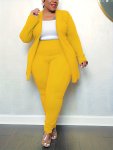 Plus Size Solid Two-piece Set Long Sleeve Open Front Top & Slim Pants Outfits Women's Plus Size Clothing