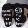 A Pair Of Men's Funny Words 'i'm Just Resting My Eyes Not Sleeping' Letter Print Crew Socks Comfy Breathable Casual Soft Socks