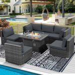 Radiata 7 Piece Wicker Patio Furniture Set With Fire Pit All-weather Outdoor Sectional Couch High Back Large Size Modular Backya