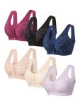 6 Pack Plus Size Elegant Bra Set Women's Plus Floral Print Closure Front Comfort Bralette Six Piece Set