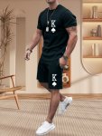 2 Pcs Men's Color Block K Letter Print Crew Neck Short Sleeve T-shirts & Elastic Waist Shorts Pajama Set Comfortable & Skin-frie