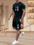2 Pcs Men's Color Block K Letter Print Crew Neck Short Sleeve T-Shirts & Elastic Waist Shorts Pajama Set Comfortable & Skin-friendly Style Pajamas For Men's Cozy Loungewear