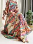 Tribal Allover Print Maxi Modest Dress Vacation Lantern Long Sleeve Crew Neck Waist Colorful Dress Women's Clothing