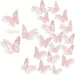 12PCS 3D Pink Butterfly Wall Decals - Removable & Reusable Sparkling Fantasy Decor For Kids' Bedrooms Nurseries Classrooms & Par
