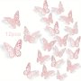 12PCS 3D Pink Butterfly Wall Decals - Removable & Reusable Sparkling Fantasy Decor For Kids' Bedrooms Nurseries Classrooms & Parties