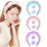 3PCS Braided Sponge Hairband Set With Makeup Cloud Headband And Wristband Soft Plush Hair Accessories For Face Washing And Makeu