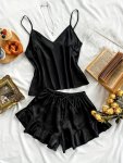 Women's Sexy Solid Satin Pajama Set V Neck Backless Cami Top & Ruffle Hem Shorts Comfortable Relaxed Fit