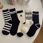 5 Pairs Striped Athletic Crew Socks Winter Cozy Breathable Casual Mid-tube Socks