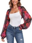 Zaful Women's Long Sleeve Open Front Bolero Shrug Crop Top Cardigan Elegant Rose Red Floral XL