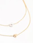Goldair Gold Double Chain Pearl & Heart Necklace