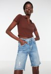 Fitted situated Crop Polo Neck Ribbed Stretch Knit Blouse - Brown