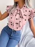 Heart Print Tie Neck Blouse Casual Ruffle Trim Flutter Sleeve Top For Spring & Summer Women's Clothing