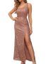 Women's One-shoulder Sequin Split Long Evening Dress Gown - Rose Gold Medium